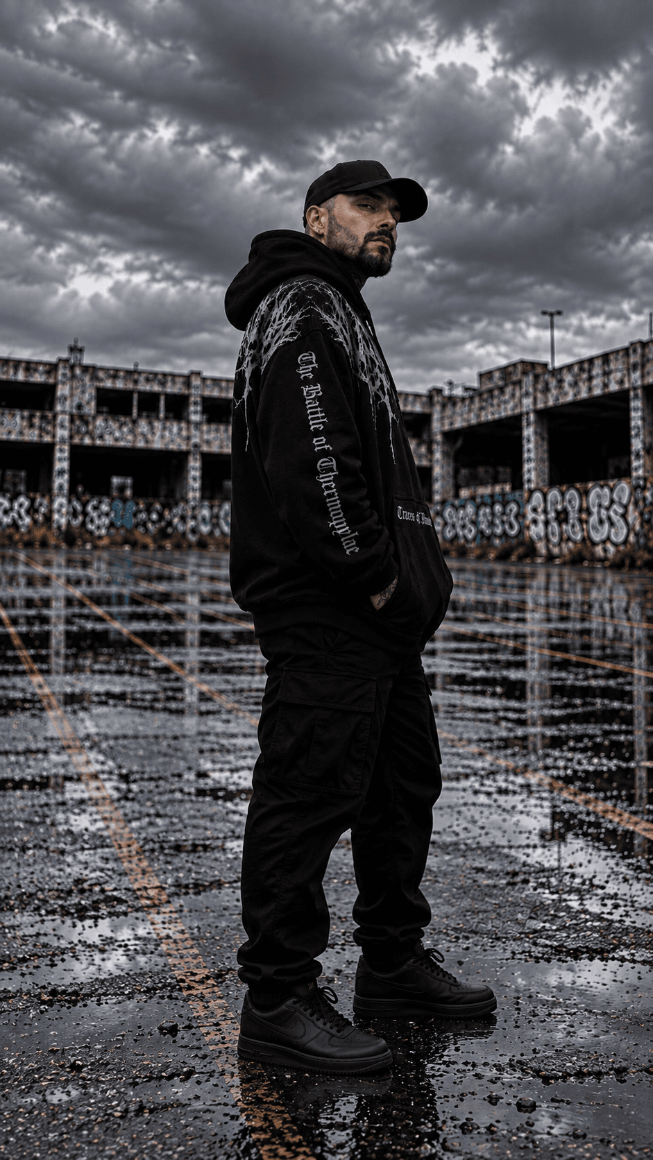 Side view of a model wearing a black KHAOTIC hoodie