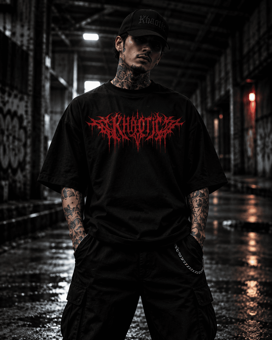 Model in a KHAOTIC cap and black T-shirt with red artwork